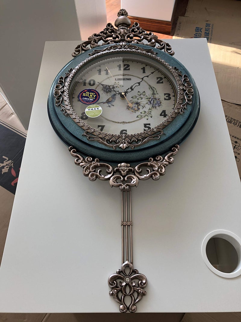 SHISEDECO Elegant, Traditional, Decorative, Hand Painted Modern Grandfather Wall Clock Fancy Ethnic Luxury Handmade Decoration, Swinging Pendulum for New Room or Office. Large. 29.5 Inch. (Blue) - Image 5